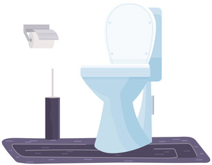 Clean modern WC with white ceramic toilet bowl, paper and brush. Water closet with brown wall tiles