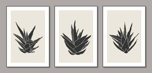 Set of minimalist botanical line art compositions with leaves abstract collage