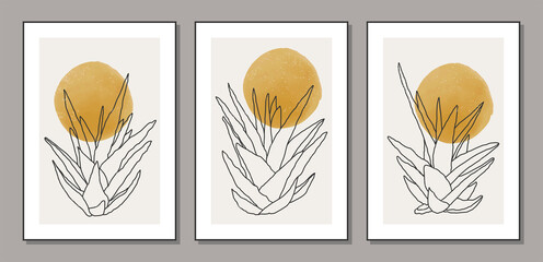 Set of minimalist botanical line art composition with leaves abstract collage