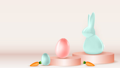 Easter poster template with 3d realistic Easter eggs, bunny and Carrot. Template for advertising, poster, flyer, greeting card. Vector Illustration