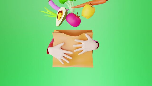 Kraft paper bag with products. The concept of healthy eating. Delivery of vegetables. Vegetarian concept. 3d animation. Animation Loop.