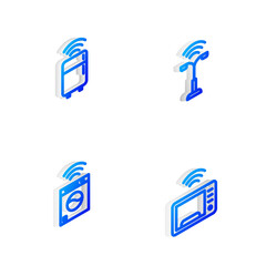Set Isometric line Smart street light, refrigerator, washer and microwave oven icon. Vector