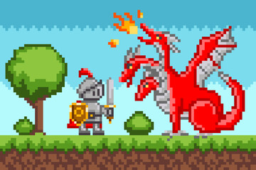 Pixelated natural landscape with warrior holding shield and sword fighting against red dragon