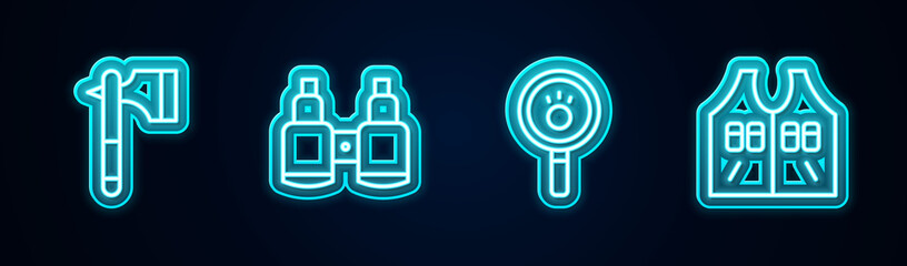 Set line Wooden axe, Binoculars, Paw search and Hunting jacket. Glowing neon icon. Vector