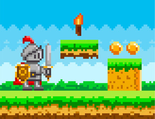 Pixel-game knight brave character. Pixelated natural landscape with warrior holding shield and sword