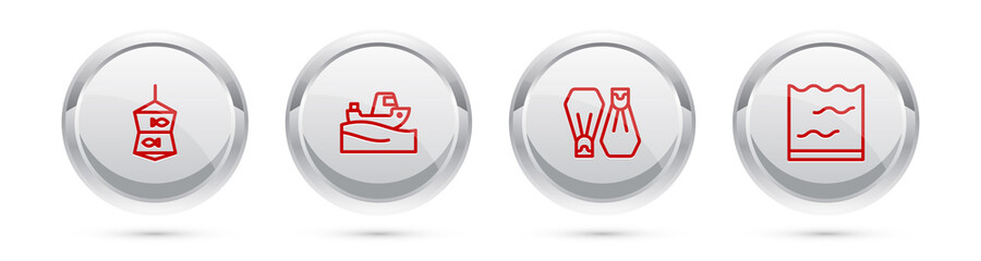 Set line Fishing net with fish, boat on water, Rubber flippers for swimming and Aquarium. Silver circle button. Vector © vector_v