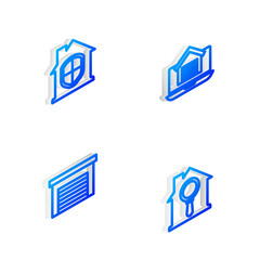 Set Isometric line Online real estate house, House under protection, Garage and Search icon. Vector