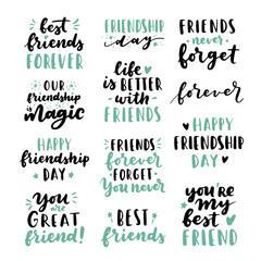 Obraz premium Happy Friendship Day cute hand lettering big set. Best friends forever. Greeting card typography template. Modern calligraphy design elements, quotes, friend phrase.
