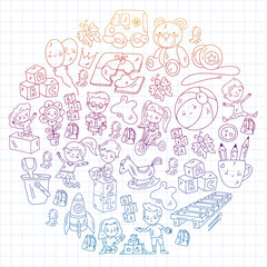 Children play with toys in the kindergarten. Kids playground. Education, creativity, imagination.