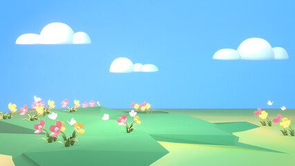 Obraz na płótnie Canvas Cartoon landscape of green grass filed, flowers, butterflies, and white clouds in the blue sky. 3d rendering picture.