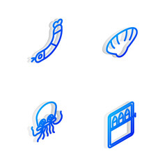 Obraz premium Set Isometric line Scallop sea shell, Shrimp, Octopus and Canned fish icon. Vector