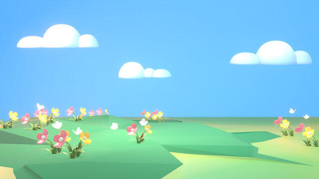 Cartoon landscape of green grass filed, flowers,  butterflies, and white clouds in the blue sky. 3d rendering picture.
