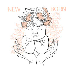 Portrait of a newborn baby and flowers sleeping in my arms. Vector one line illustration. Modern trend. Motherhood, happy family