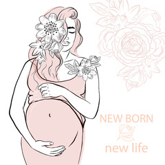 Portrait of pregnant girl in one line. Vector illustration of a modern trend. Family concept, newborn isolated