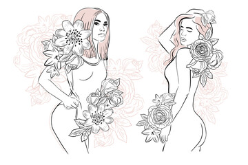 Two beautiful girls and flowers drawn by one line. Fashion trend. Spring concept