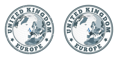 United Kingdom round logos. Circular badges of country with map of United Kingdom in world context. Plain and textured country stamps. Vector illustration.