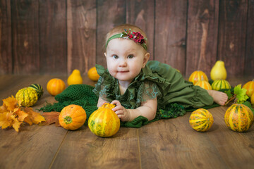 Fototapeta premium Cute little girl up to 1 year old in a green cute dress and a floral wreath with small yellow and orange pumpkins on a brown wooden background 