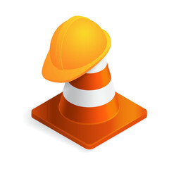 Vector illustration orange plastic traffic cone and construction helmet isolated on white background. Realistic orange road cone with hard hat icon in flat cartoon style. Under construction.