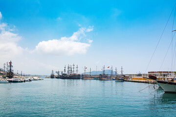 View of boats yachts and tourist galleons moored in old marina or port harbor at Mediterranean sea....
