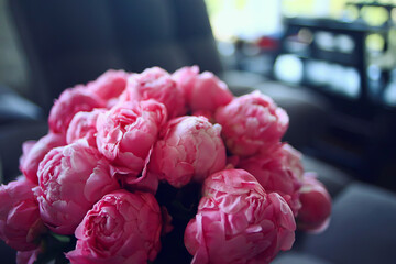 bouquet of pink peonies, spring gift, romantic delicate flowers background, summer look