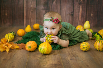 Fototapeta premium Cute little girl up to 1 year old in a green cute dress and a floral wreath with small yellow and orange pumpkins on a brown wooden background 