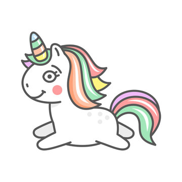 Cute Cartoon Unicorn Character Icon on White Background. Vector