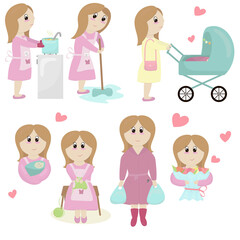 mom in a pink dress with a bouquet of flowers, with a newborn baby in her arms, with a stroller, with shopping, household chores - cooking, cleaning, knitting, a set of vector elements