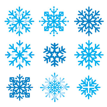 Snowflakes, abstract icons set. 
Illustration of nine blue decorative snowflakes inspired of folk art.