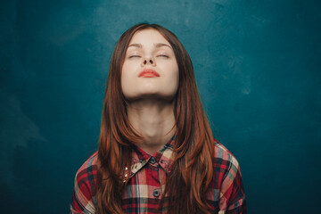 attractive woman cropped view plaid shirt studio model