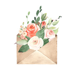 Envelope with blush roses, buds and green leaves. Watercolor floral illustration isolated on white background, greeting card, gift or romantic message.