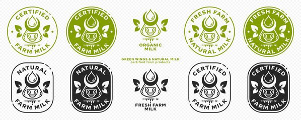Concept for product packaging. Labeling - natural farm milk. Cow icon with milk drop and leaf-ears or leaf-wings - a symbol of a natural ingredient. Natural organic products symbol. Vector set.	