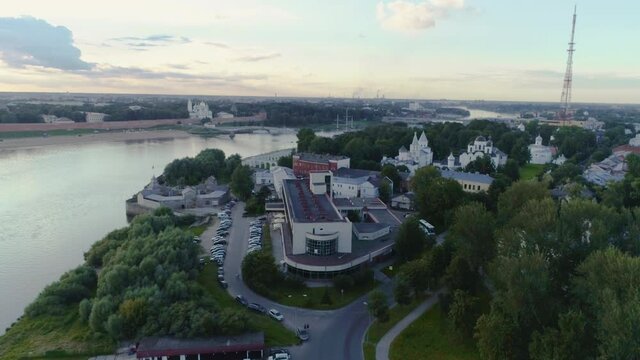 Aerial View of Velikiy Novgorod. Volhov river and Novgorod Detinets also Novgorod Kremlin