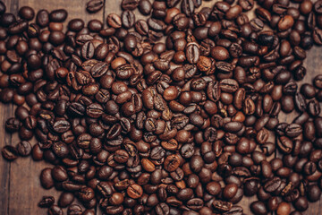 coffee beans scattered wood background morning aroma beverage preparation