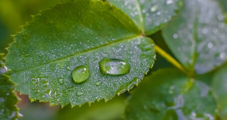 Water drops after rain on the leaves of plants