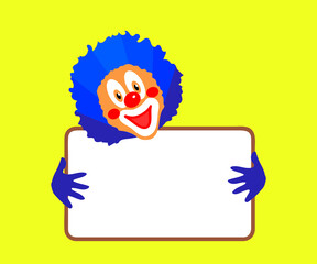 Cheerful clown holds a frame on a white background. Cartoon. Vector illustration.