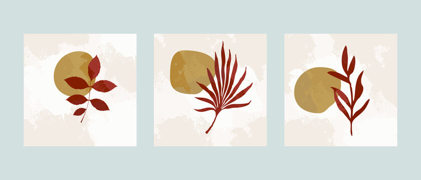 Set 3 illustration vector EPS 10 print hand draw painted abstract shapes dodles contemporary aesthetic boho mid century modern art with plant botanical gardens Scandinavian nordic design style