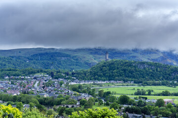 Fototapeta na wymiar Beautiful scenery of Stirling is renowned as the Gateway to the Highlands , viewing Abbey Craig with The National Wallace Monument on top and The Battle of Stirling Bridge in Scotland