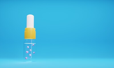 3D render of drops in the nose and ears with a runny nose and pain in the ears in a transparent glass bottle and a pipette. Illustration of a digital image for medicine.