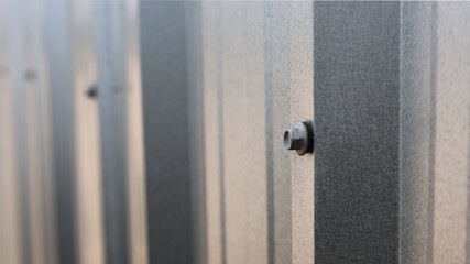 Metal screw head on a metal sheet wall. Close up the bolts that hold the sheet metal.