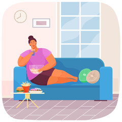 Overweight girl resting on sofa at home and has bad lifestyle. Fat young woman eating junk food