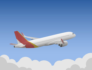 Fototapeta na wymiar The red and yellow plane shot above the clouds