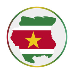 Suriname icon. Shape of the country with Suriname flag. Round sign with flag colors gradient ring. Cool vector illustration.