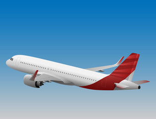 An airplane with a red tail flying through the blue sky