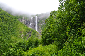 Polikar Waterfall in the fog, Sochi, Russia
