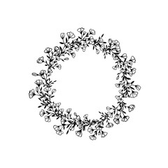 A wreath of spring flowering branches of an apple tree. Round design of white flowers, leaves, twigs, buds isolated on white background. Botanical elements are drawn by hand in ink. 