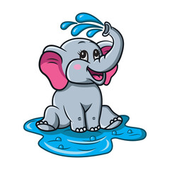 Cute and Funny cartoon baby elephant take shower which pours himself with water