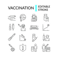 Coronavirus vaccination linear icon set with syringe and bacteria. Medicine and health care concept. Thin line customizable illustration. Vector isolated outline drawing. Editable stroke