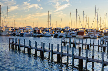 Boats moored at sunset in the Hillarys marina - Perth, WA, Australia