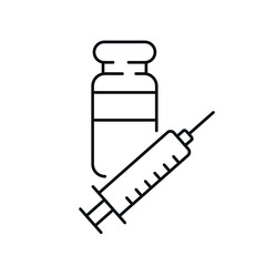 Coronavirus vaccination linear icon with syringe. Medicine and health care concept. Thin line customizable illustration. Vector isolated outline drawing. Editable stroke