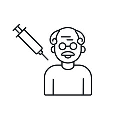 Coronavirus vaccination linear icon with old man and syringe. Medicine and health care concept. Thin line customizable illustration. Vector isolated outline drawing. Editable stroke